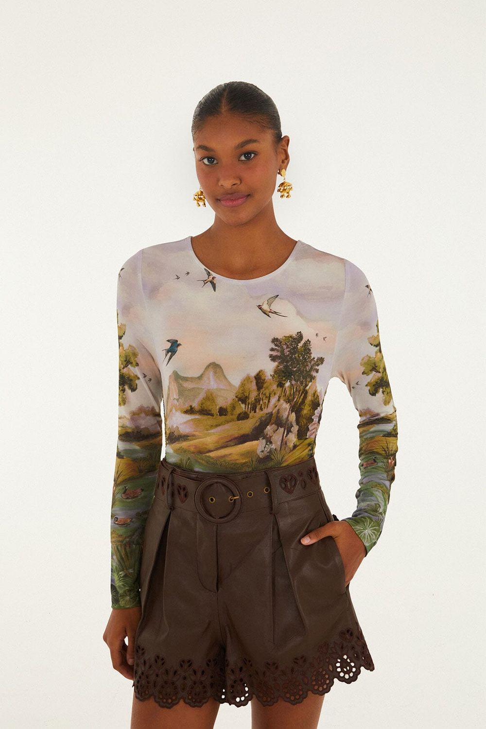 FARM RIO Countryside Landscape Jersey Blouse FARM RIO Countryside Landscape Jersey Blouse