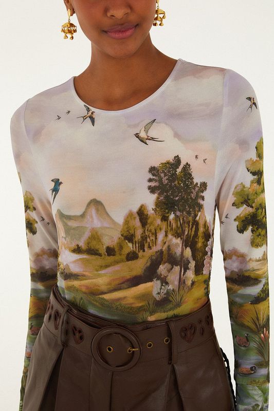 FARM RIO Countryside Landscape Jersey Blouse
