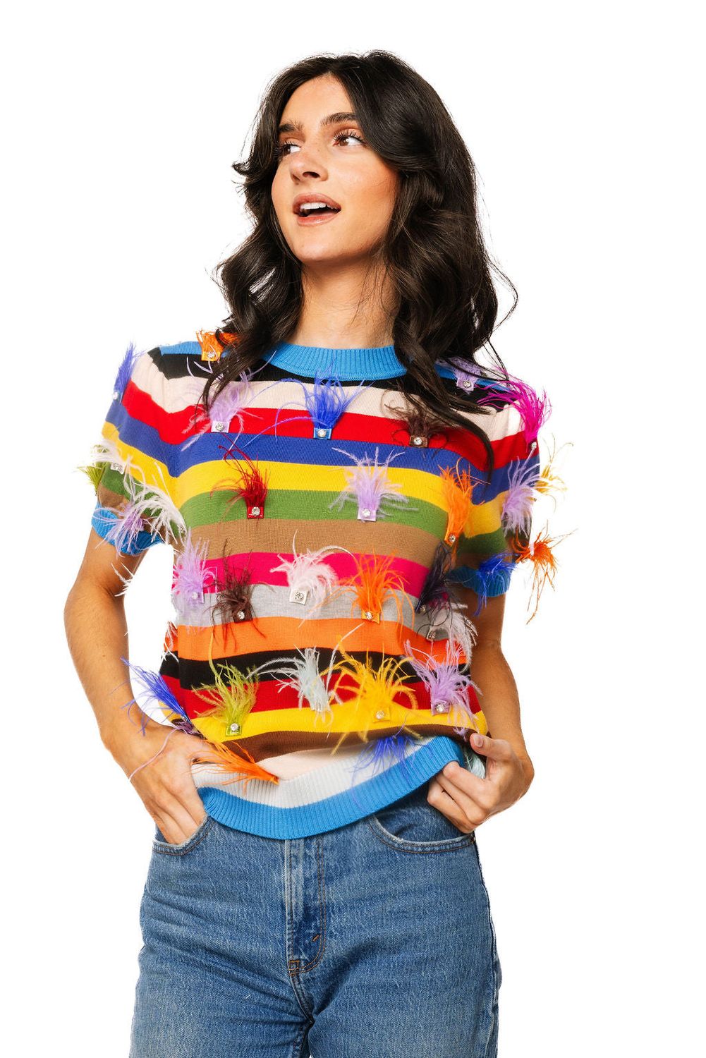 QUEEN OF SPARKLES Multi Stripe feather sweater QUEEN OF SPARKLES Multi Stripe feather sweater