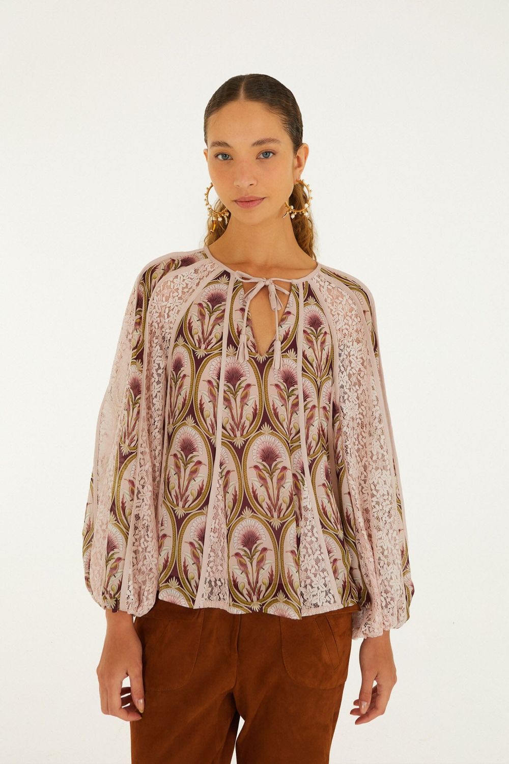 FARM RIO Birds Tree Garden Medal blouse