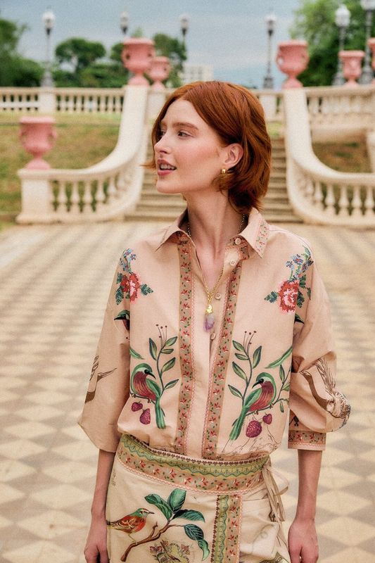 FARM RIO Bird Poetry Collared Buttoned Shirt