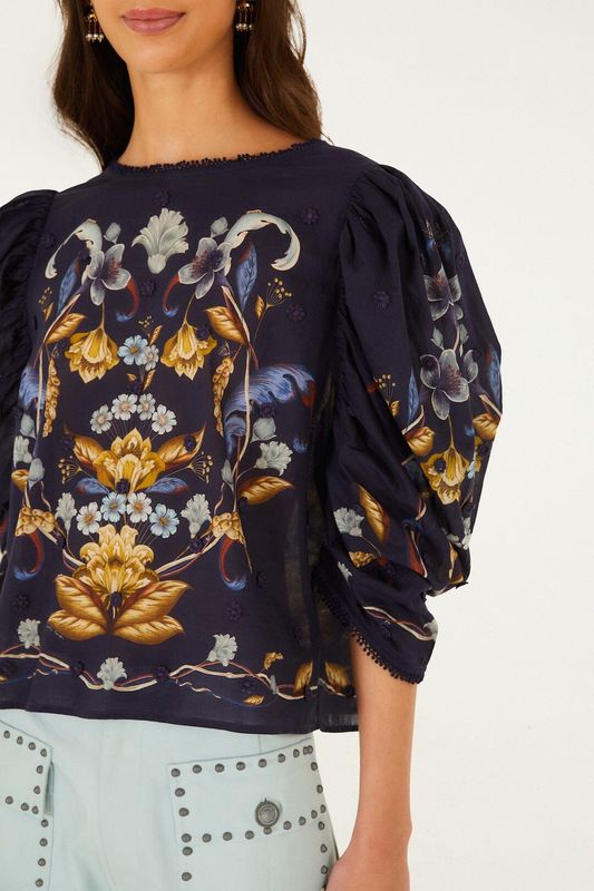 FARM RIO Golden Nature Navy blouse