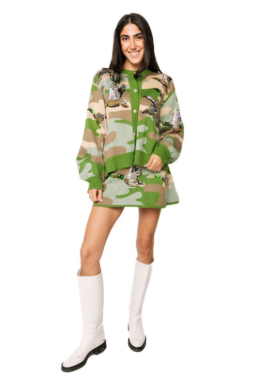 QUEEN OF SPARKLES Green Camo Ducks Cardigan QUEEN OF SPARKLES Green Camo Ducks Cardigan