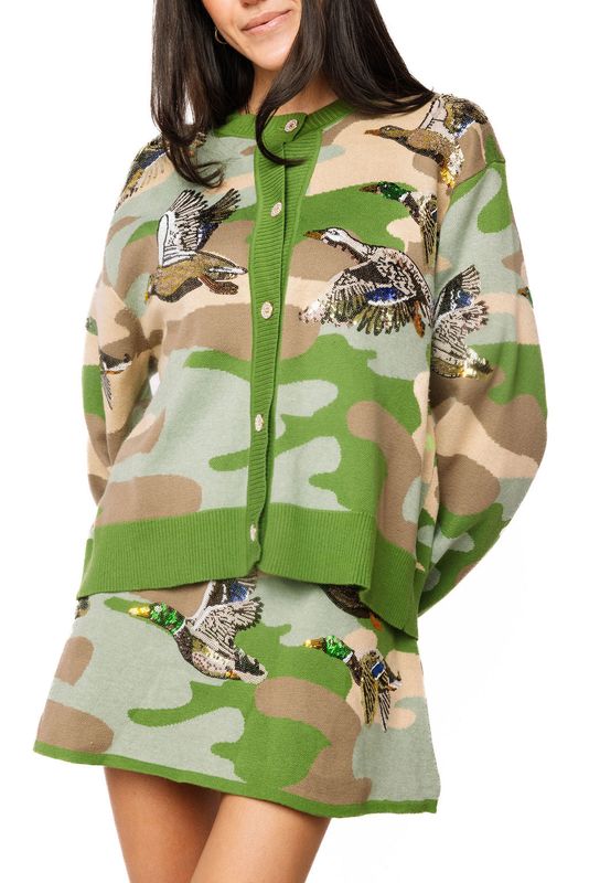 QUEEN OF SPARKLES Green Camo Ducks Cardigan