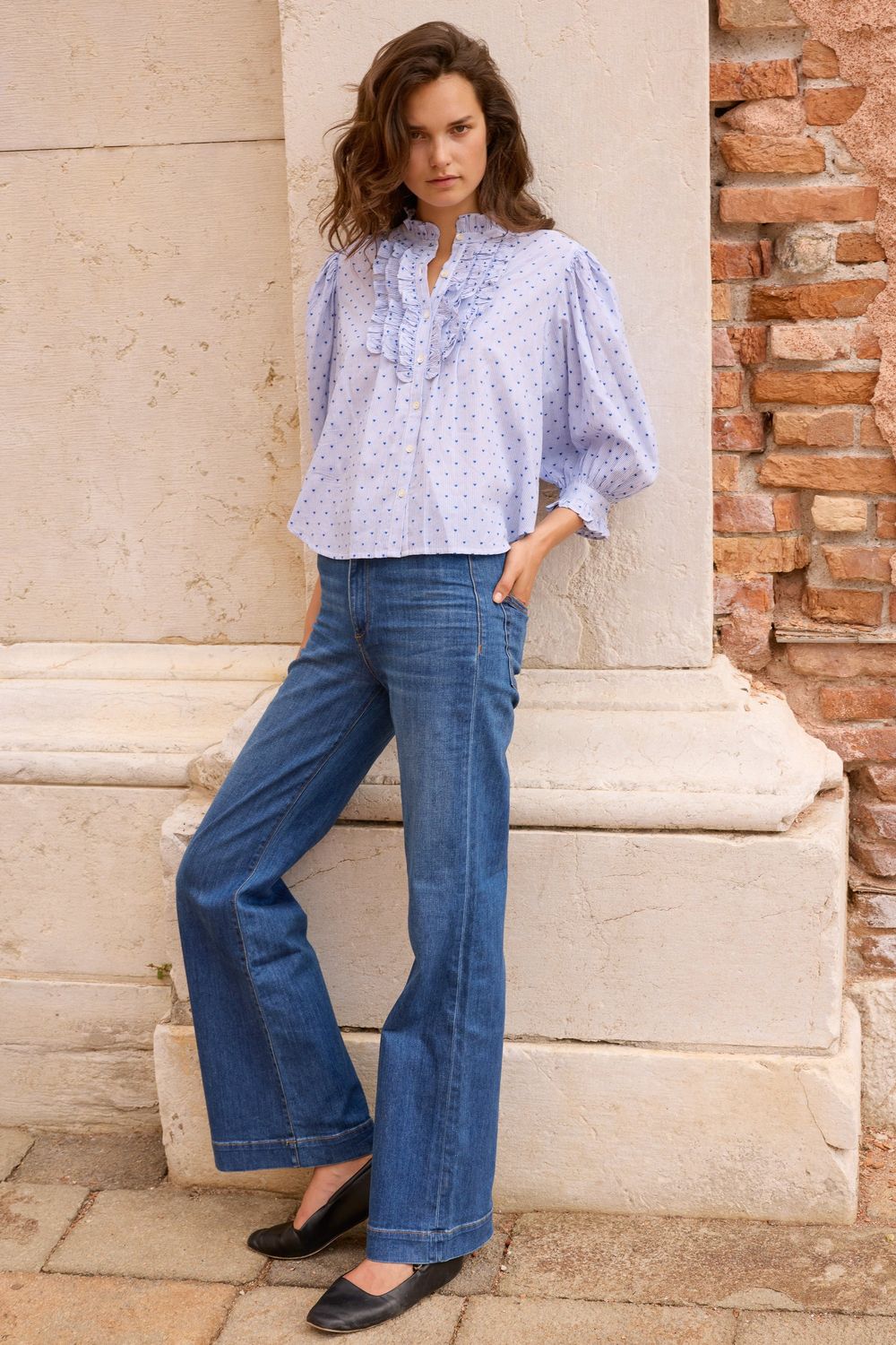 OLIPHANT Lyon Blue Ruffle Front Button Blouse