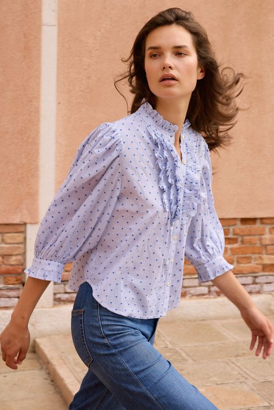 OLIPHANT Lyon Blue Ruffle Front Button Blouse