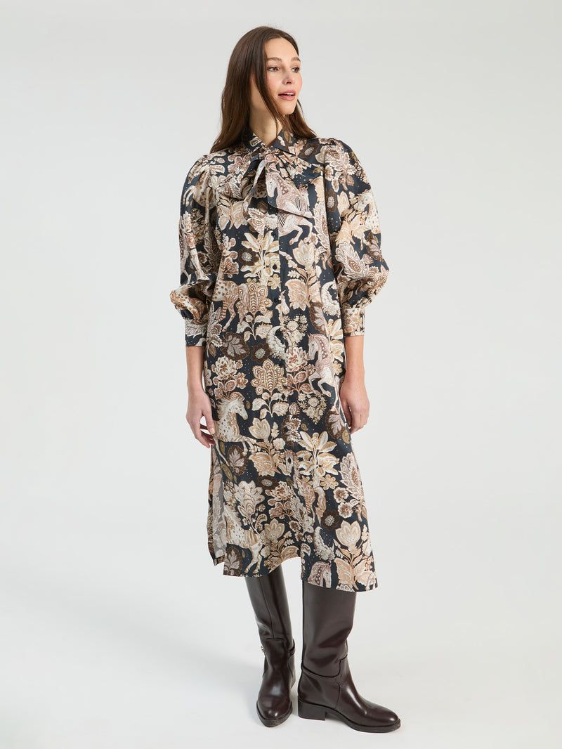 VILAGALLO Black and Beige Horse Midi Dress VILAGALLO Black and Beige Horse Midi Dress