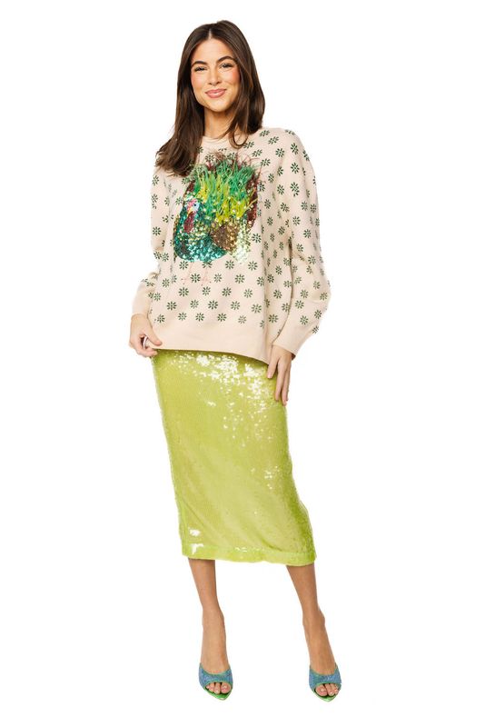 QUEEN OF SPARKLES Flower Print Turkey Sweater