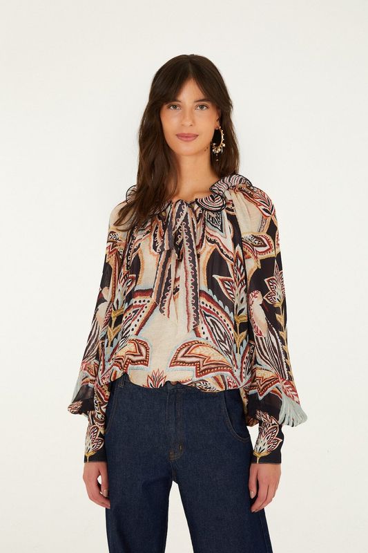 FARM RIO Tapestry Beige Long Sleeve Blouse