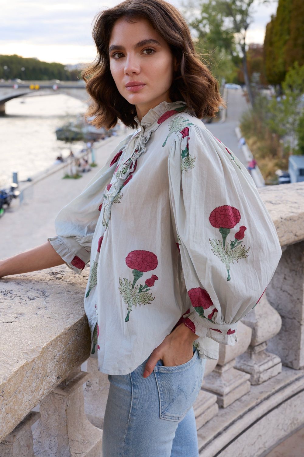 OLIPHANT Rhubarb Bloom Ruffle Front Button Blouse