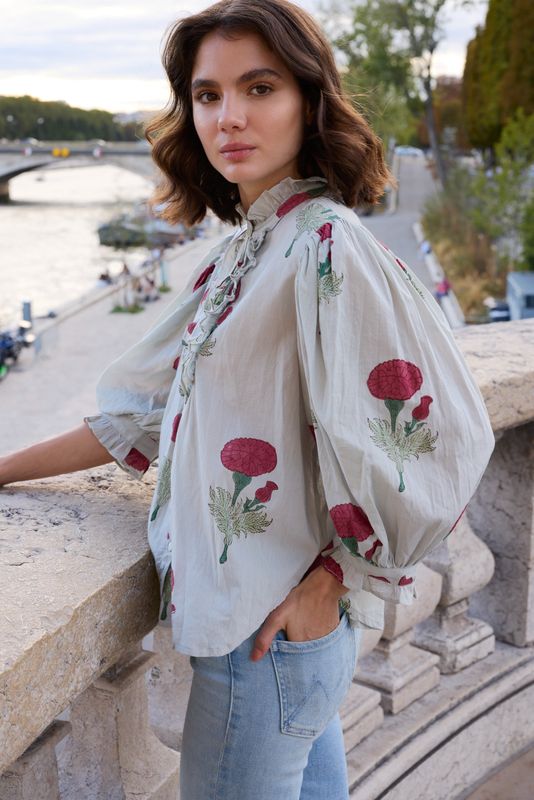 OLIPHANT Rhubarb Bloom Ruffle Front Button Blouse OLIPHANT Rhubarb Bloom Ruffle Front Button Blouse