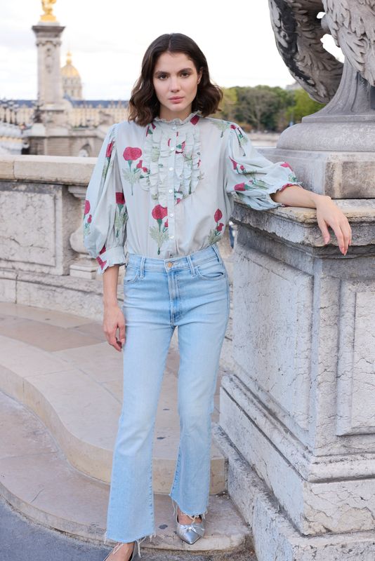 OLIPHANT Rhubarb Bloom Ruffle Front Button Blouse