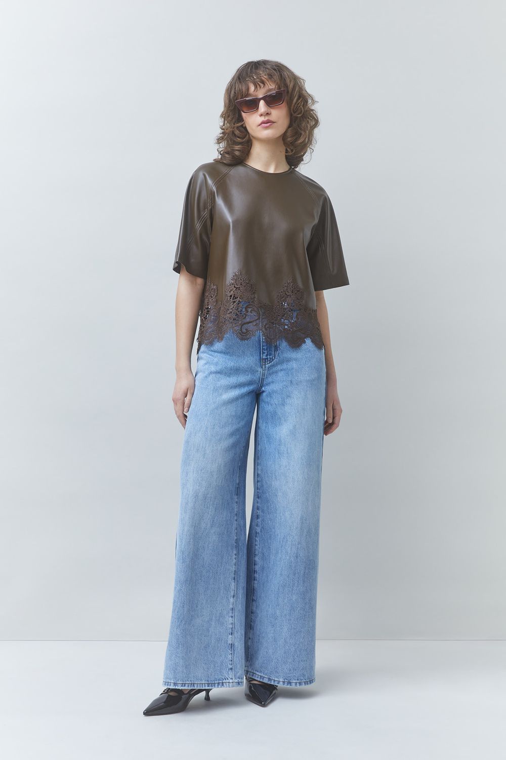 SUNCOO London Kaki Faux Leather Top W/ Lace SUNCOO London Kaki Faux Leather Top W/ Lace
