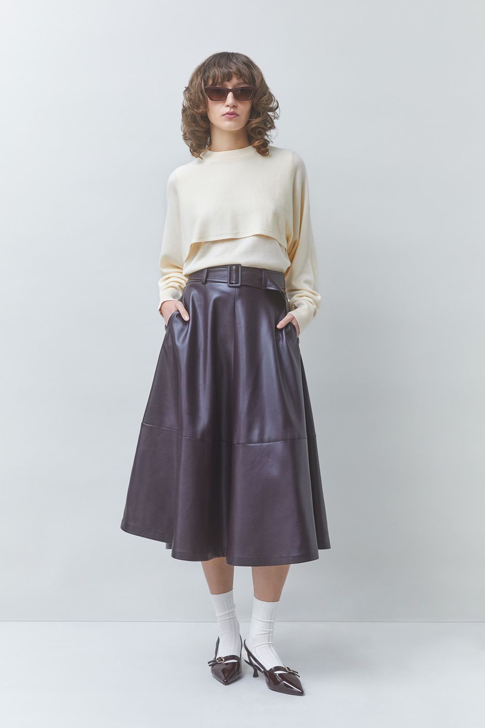 SUNCOO Fleur Prune Faux Leather Midi Skirt SUNCOO Fleur Prune Faux Leather Midi Skirt