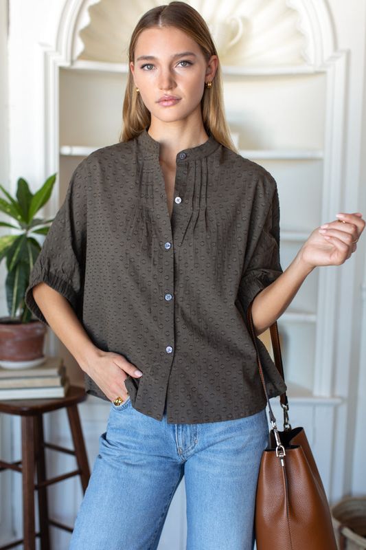 EMERSON FRY Mandarin Collar Top O/S Olive Grove