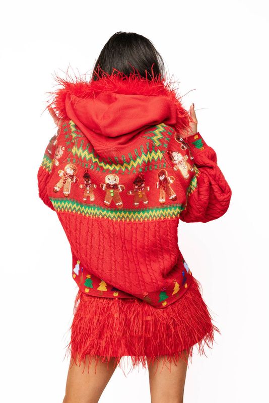 QUEEN OF SPARKLES gingerbread feather hood sweater