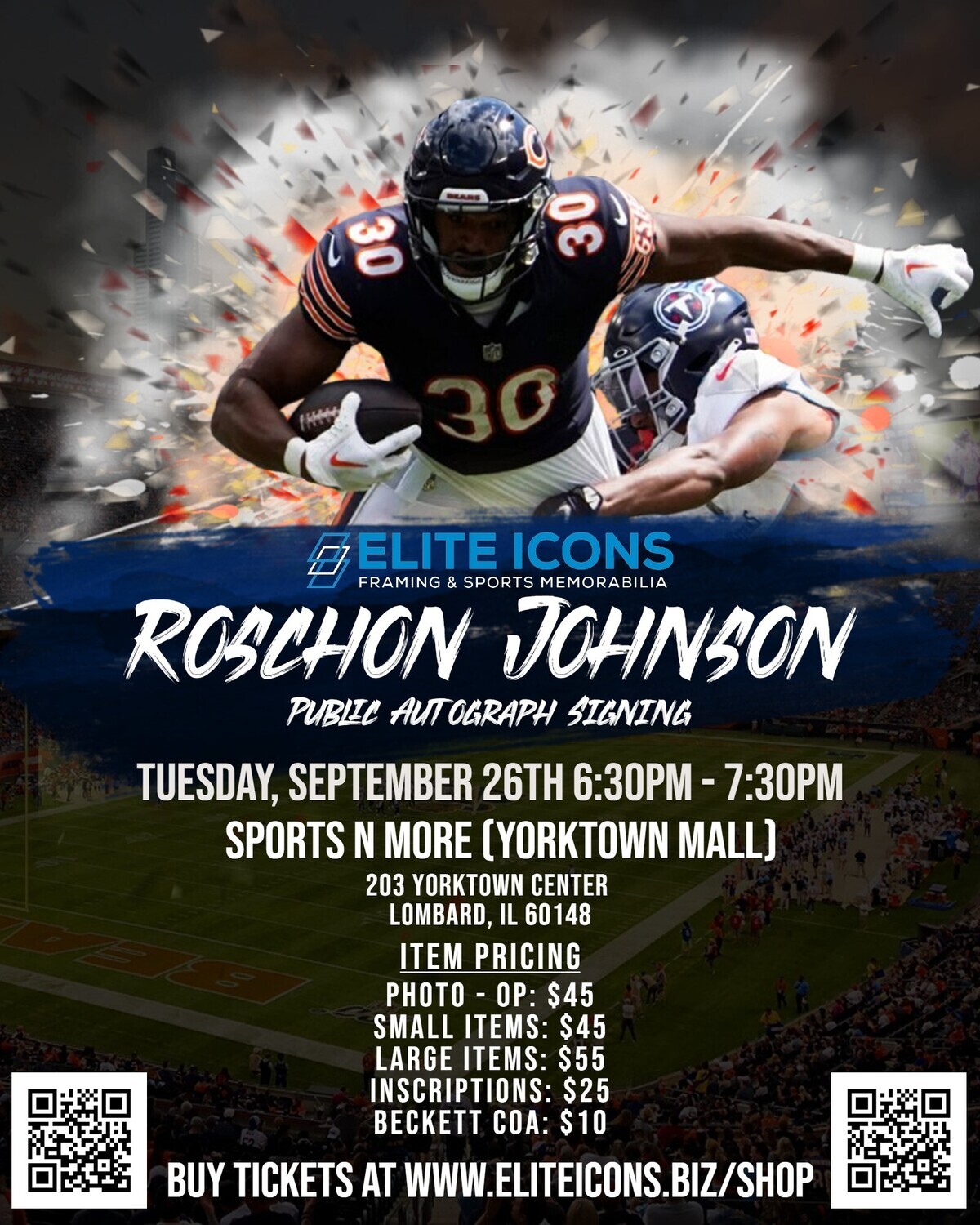 Roschon Johnson Small Item Autograph Ticket (Tuesday, September 26th 6:30pm-7:30pm)