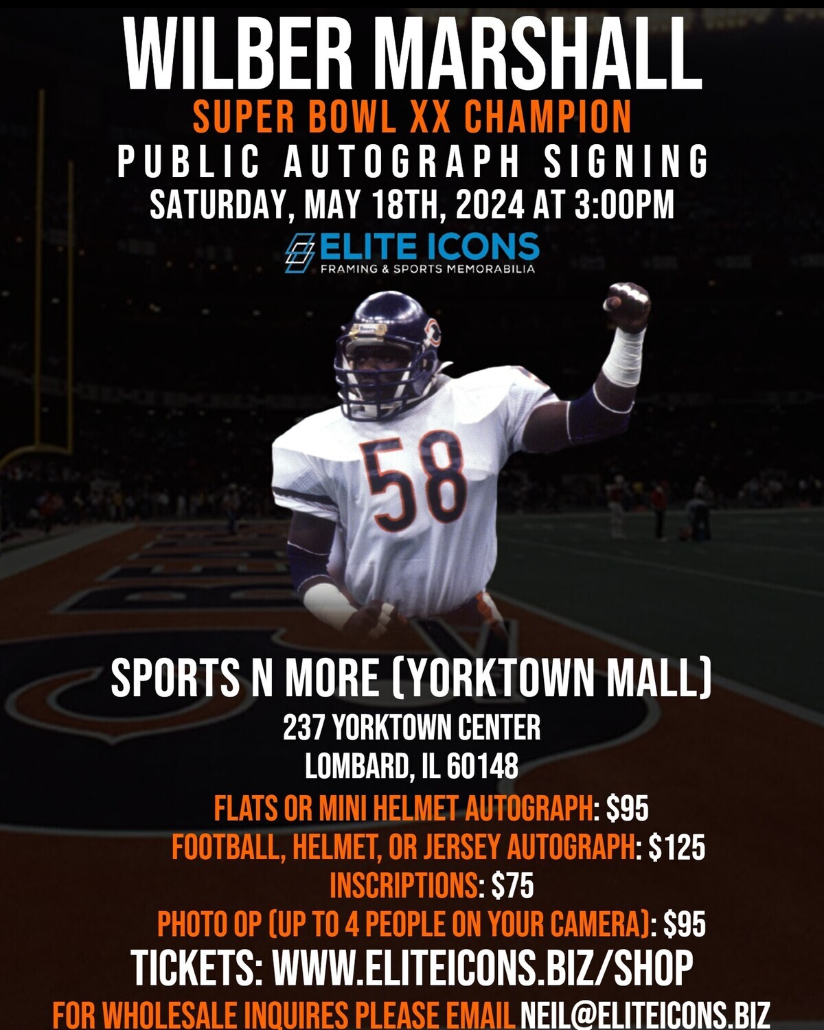 Wilber Marshall Football, Helmet, or Jersey Autograph Ticket (Saturday, May 18th at 3pm)