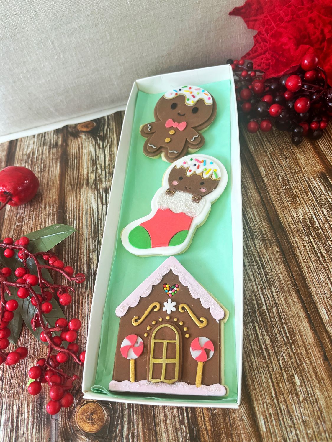 Gingerbread house trio with stockings