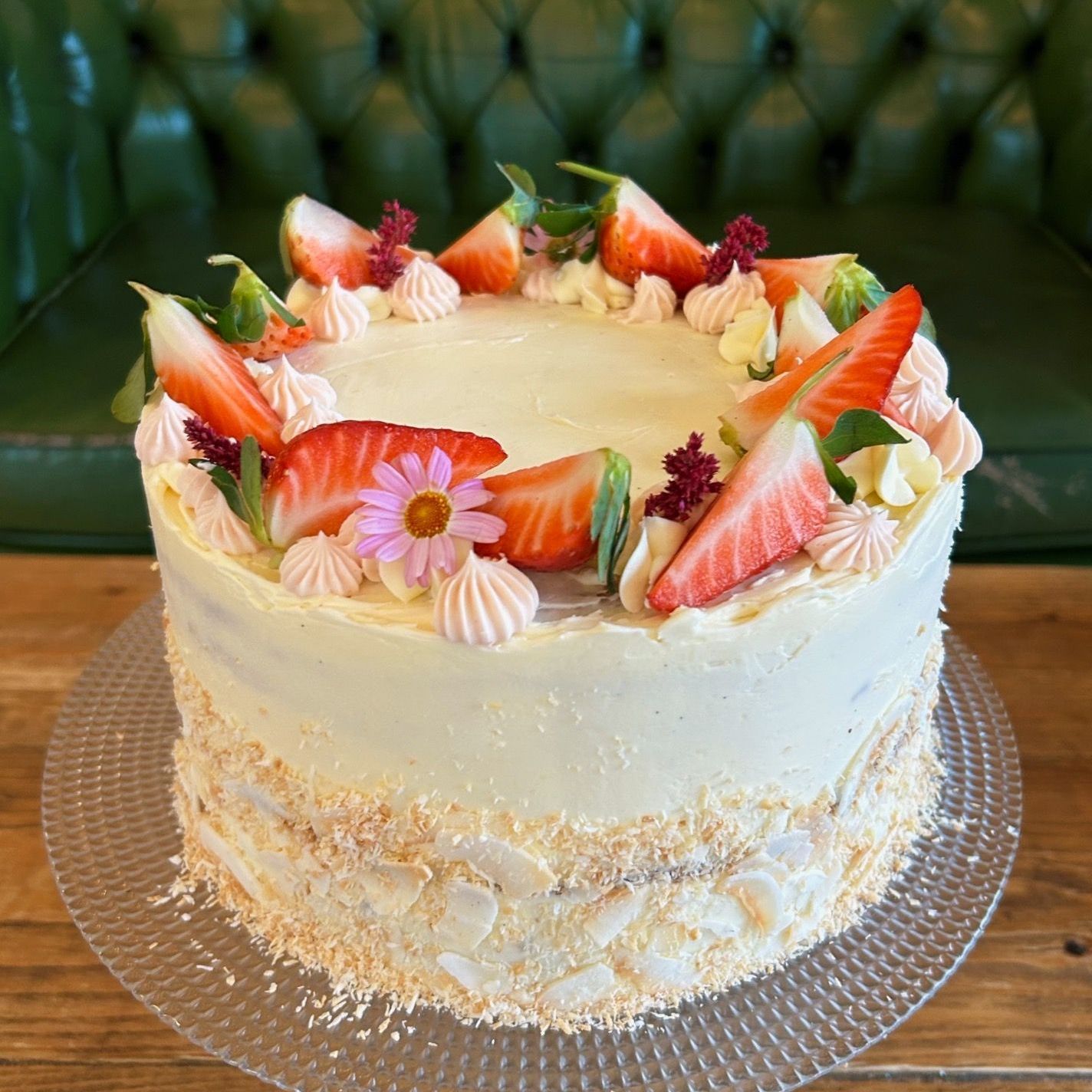 White chocolate, strawberry & coconut cake 