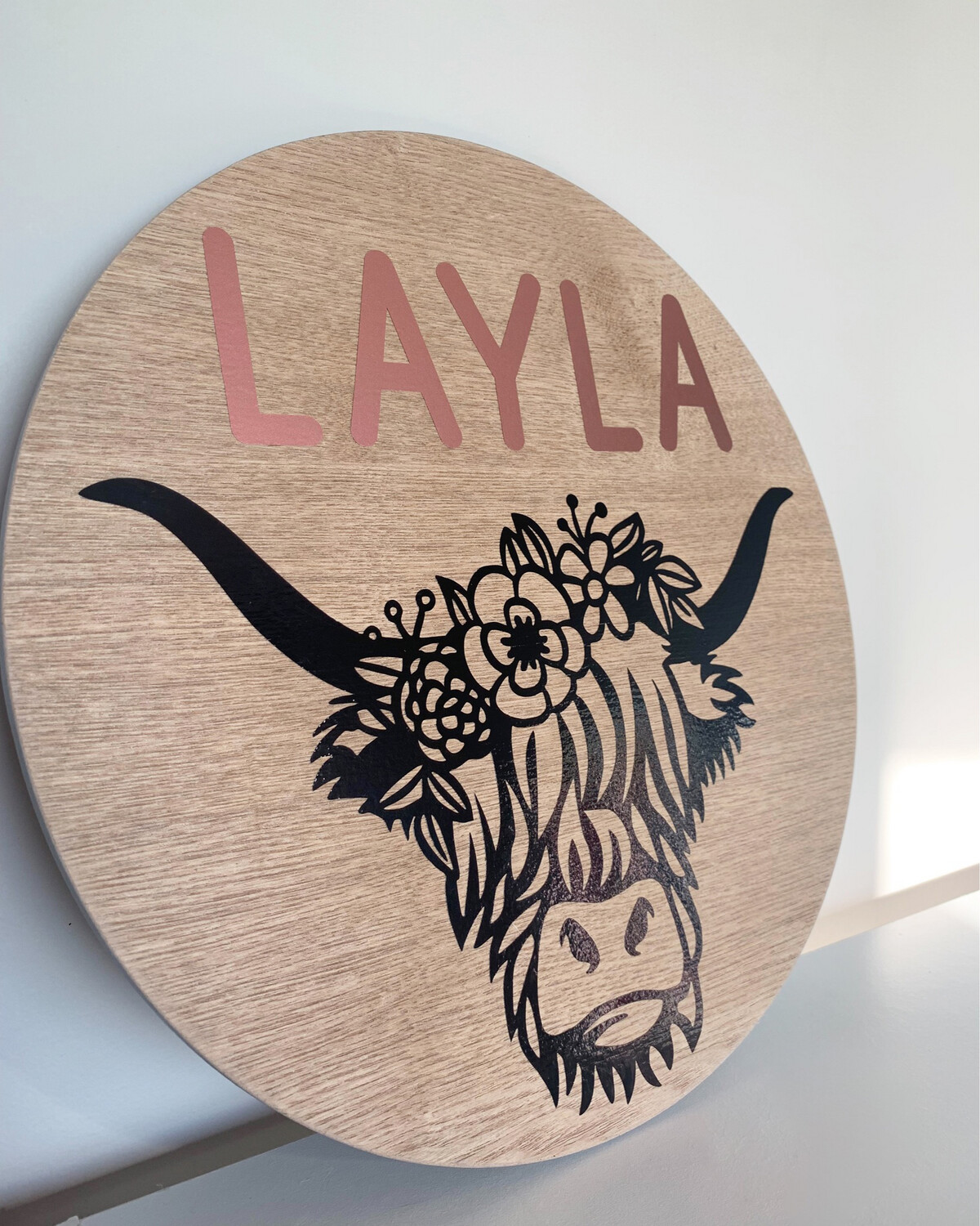 Highland Cow Flower Crown Bedroom Sign