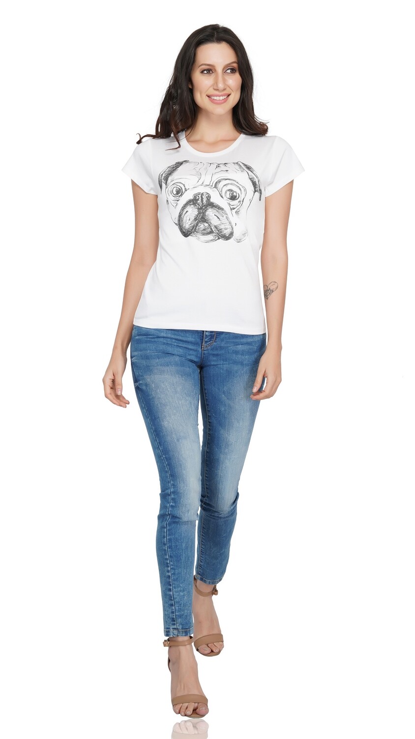 White T-shirt with Pug Chest Print