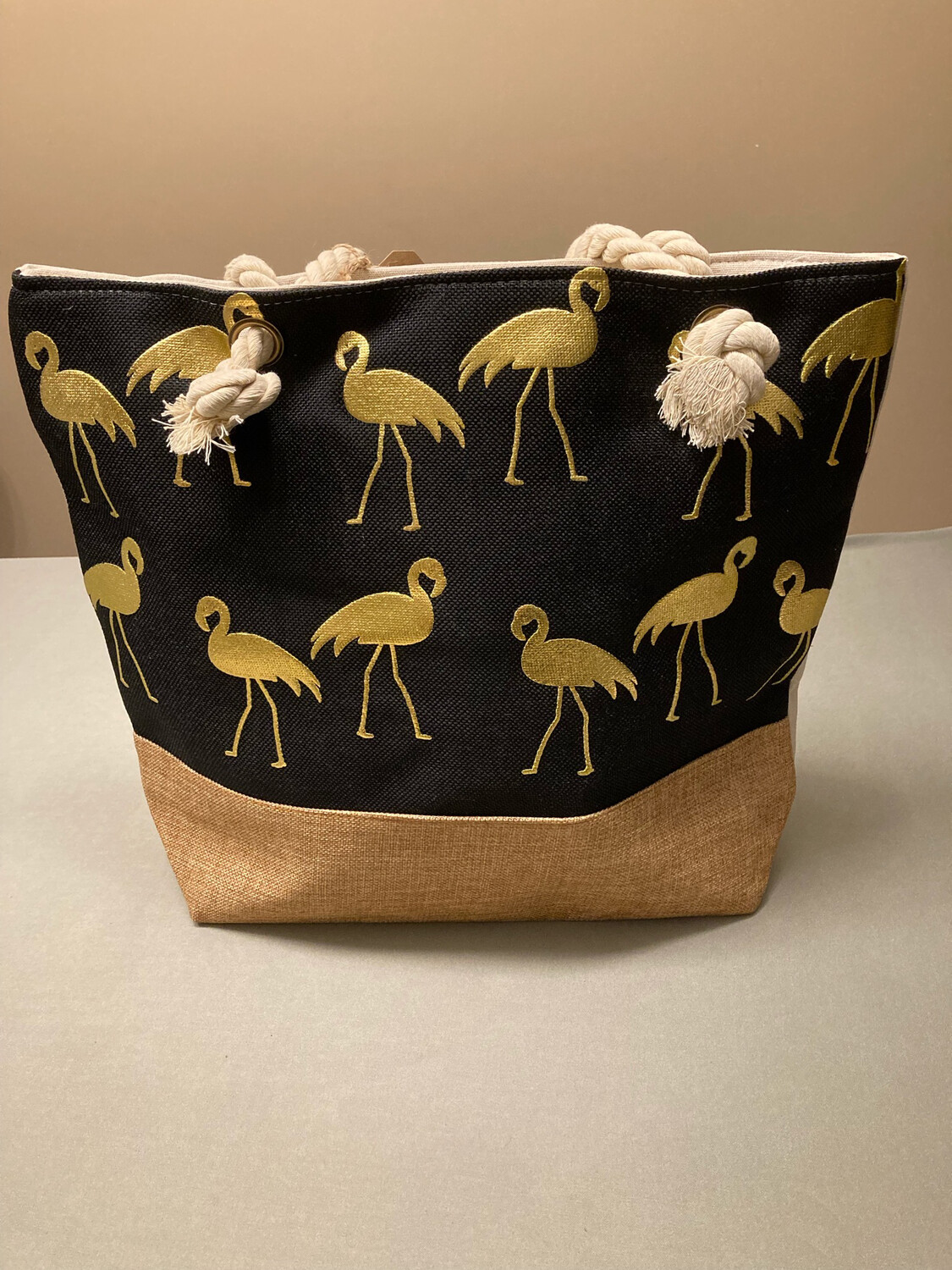 Strandtas met print flamingo goud-zwart 47x37x15cm