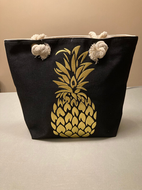 Strandtas met print ananas goud-zwart 44x38x15cm