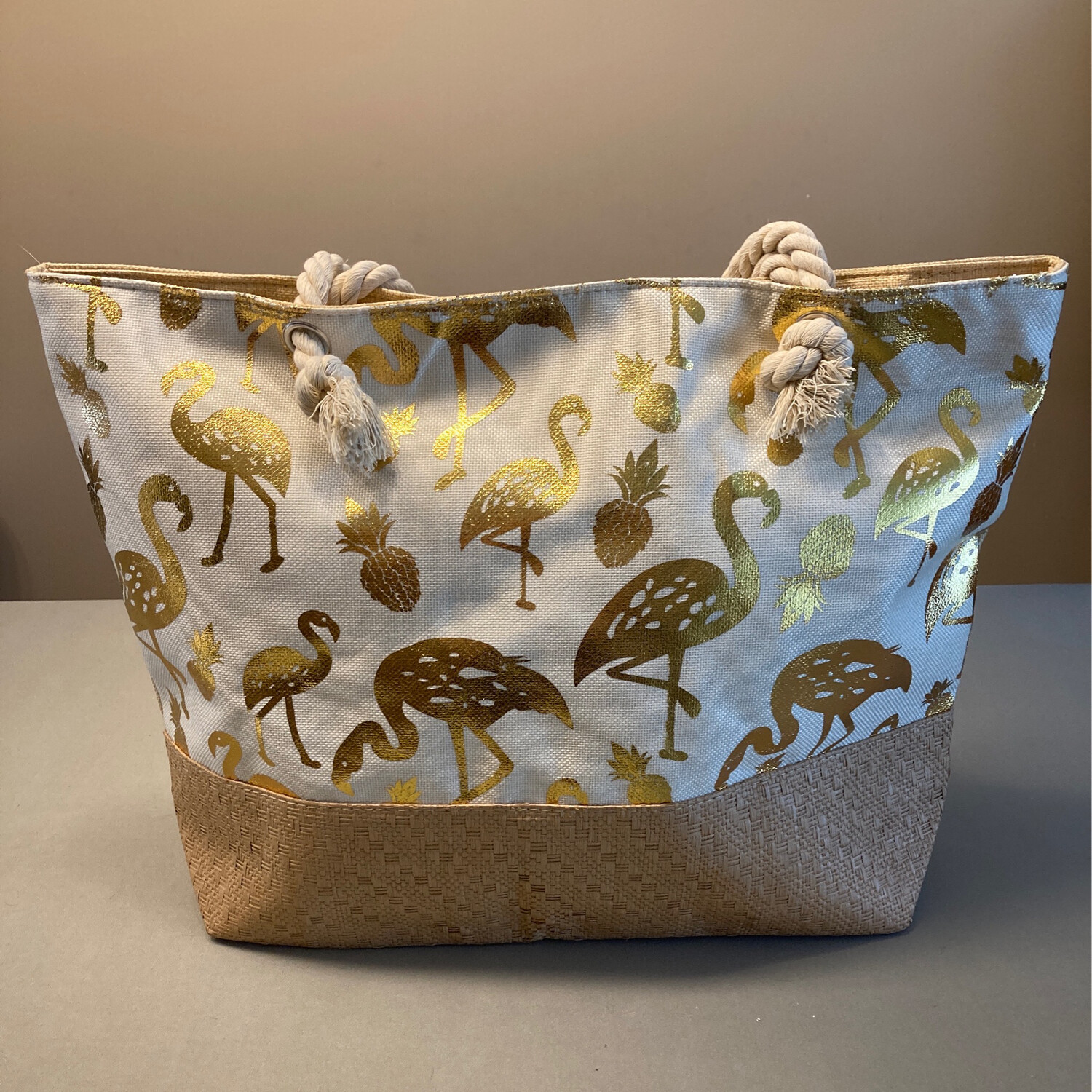 Strandtas met print flamingo goud 55x40x15cm