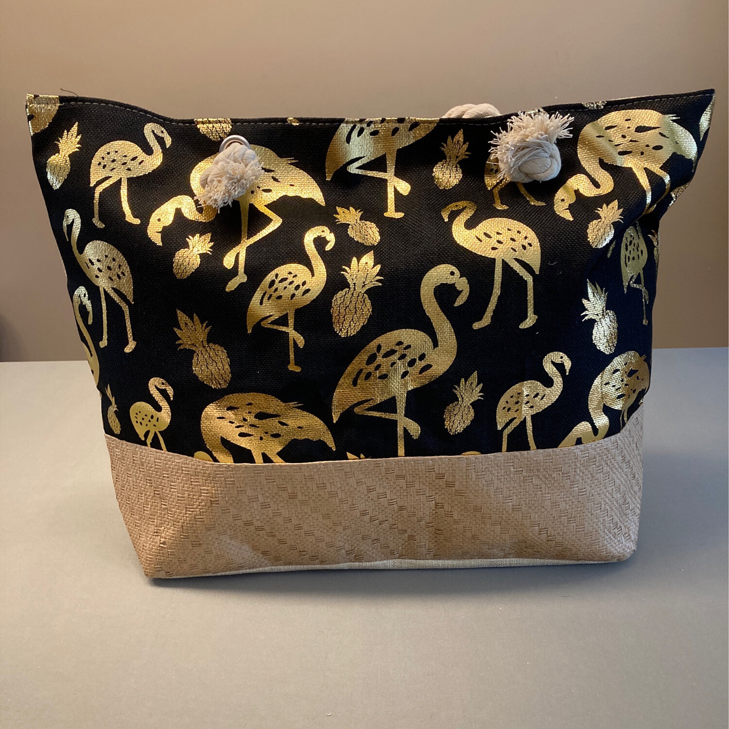 Strandtas met print flamingo zwart-goud 55x40x15cm