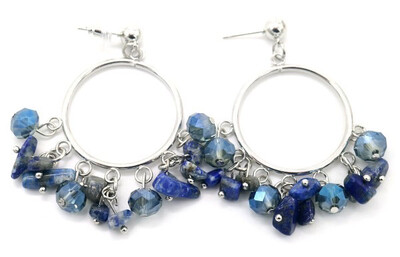 Oorbellen met steentjes 4,5x2,5cm blauw-zilver