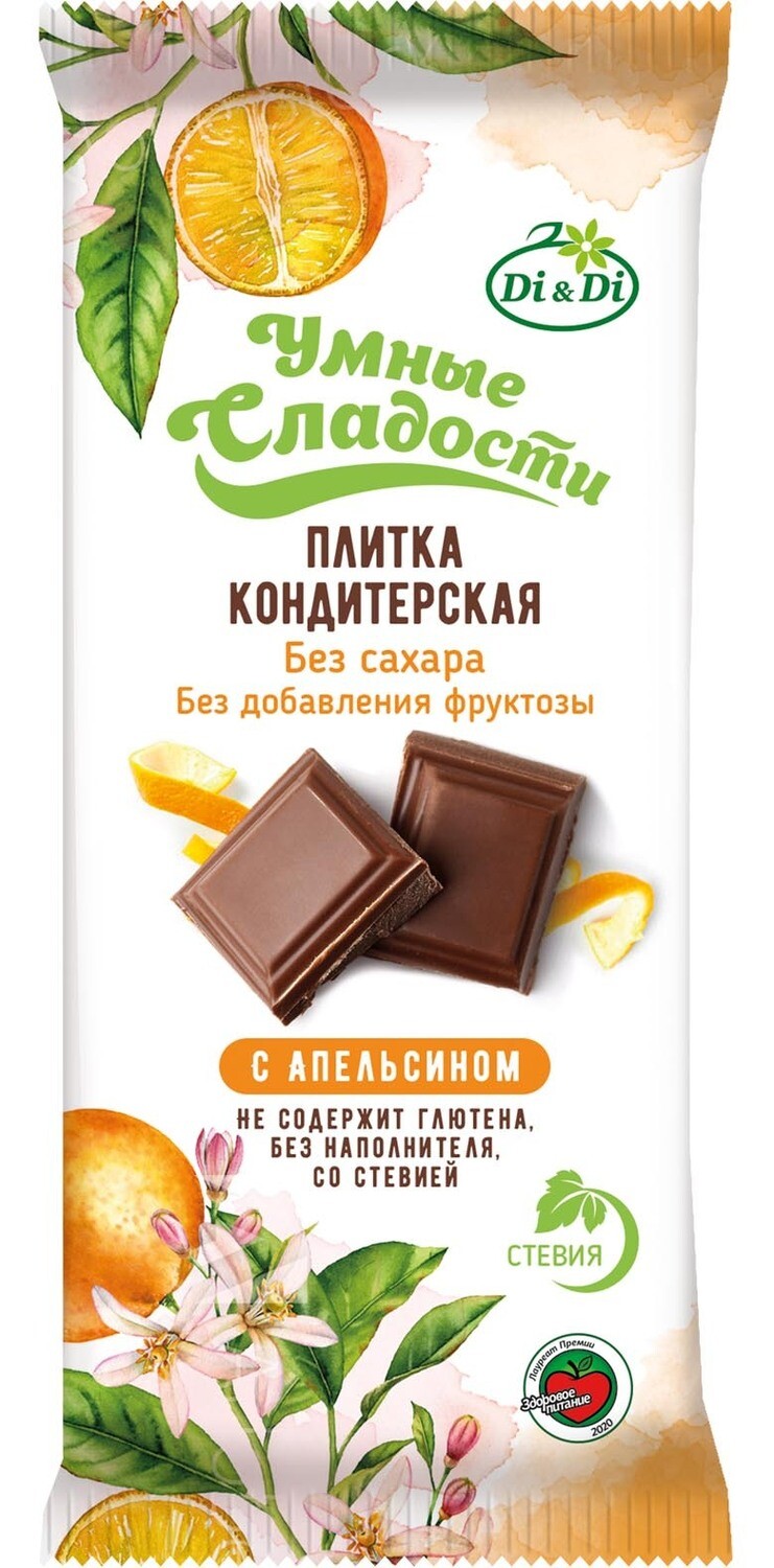"DD" Плитка кондитерская "Умные сладости" с апельсином, 90г
