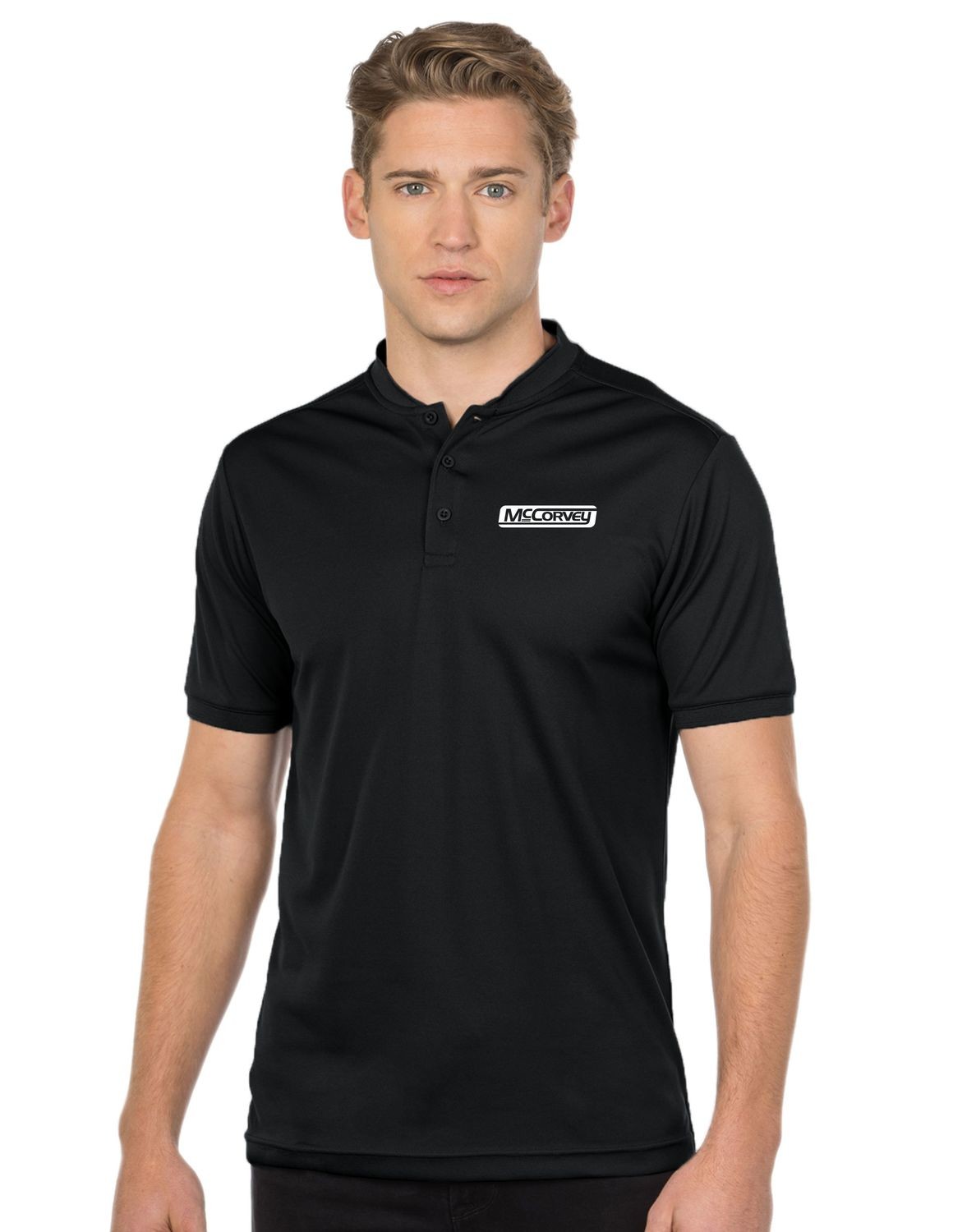 K015  Tri-Mountain. Vital Hybrid.  Mini-Pique Performance Henley Polo. Available in  3 colors.