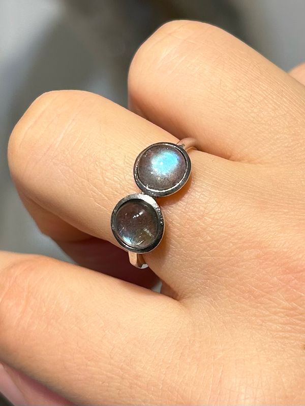 Duo labradoriet ring 925 zilver (maat 18)