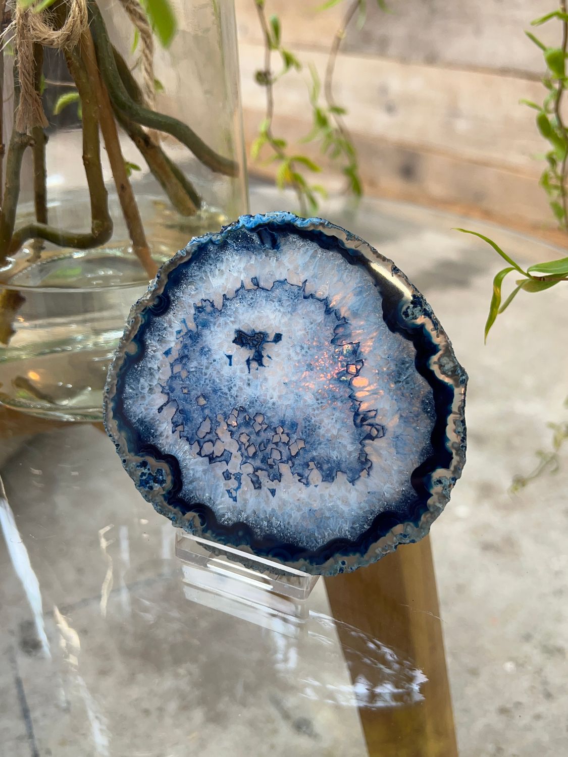 Agaat schijf (blauw gekleurd)