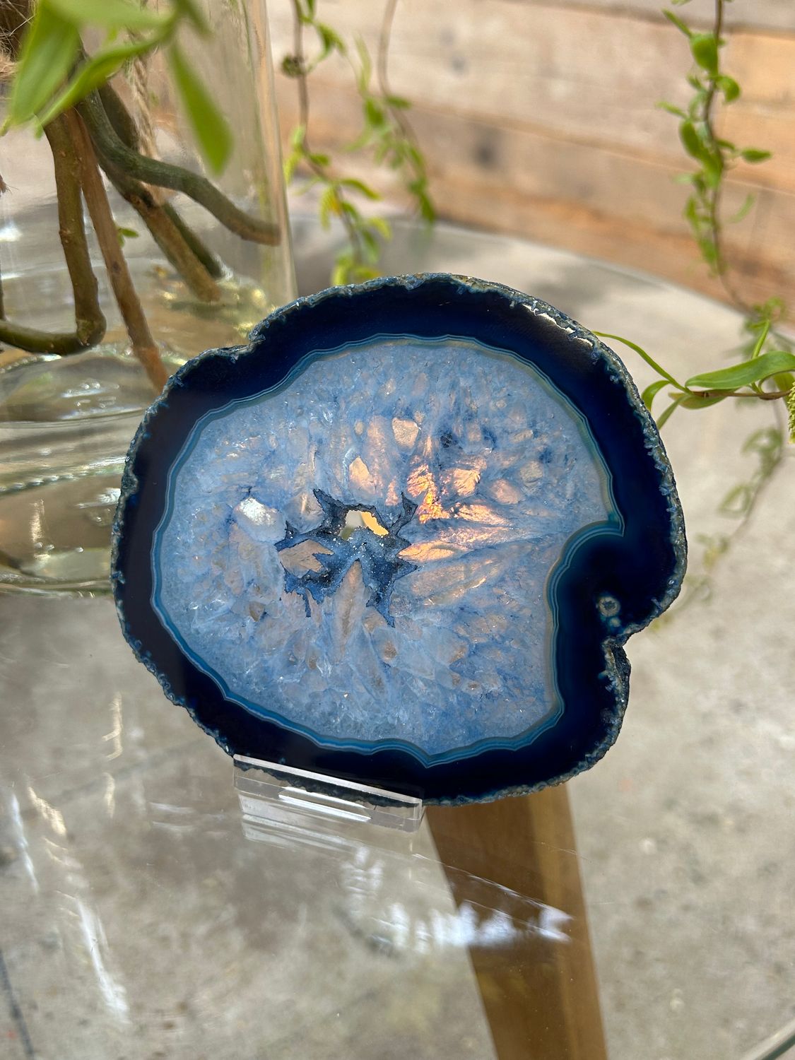 Agaat schijf (blauw gekleurd)