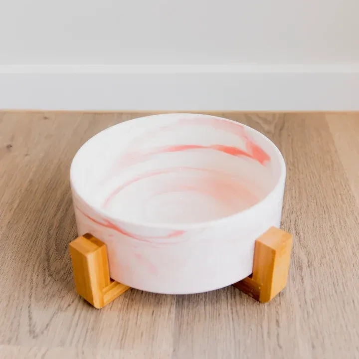 DG Paws Single Ceramic Bowl with Wooden Stand, Colour: Pink Marble, Size: Small