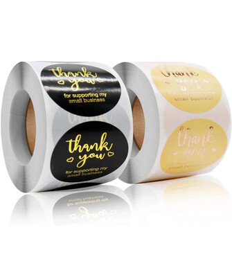 1.5” Black &amp; Beige Thank You Stickers