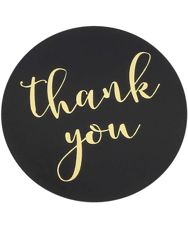 1.5" Black Thank You Stickers with Gold Writing
