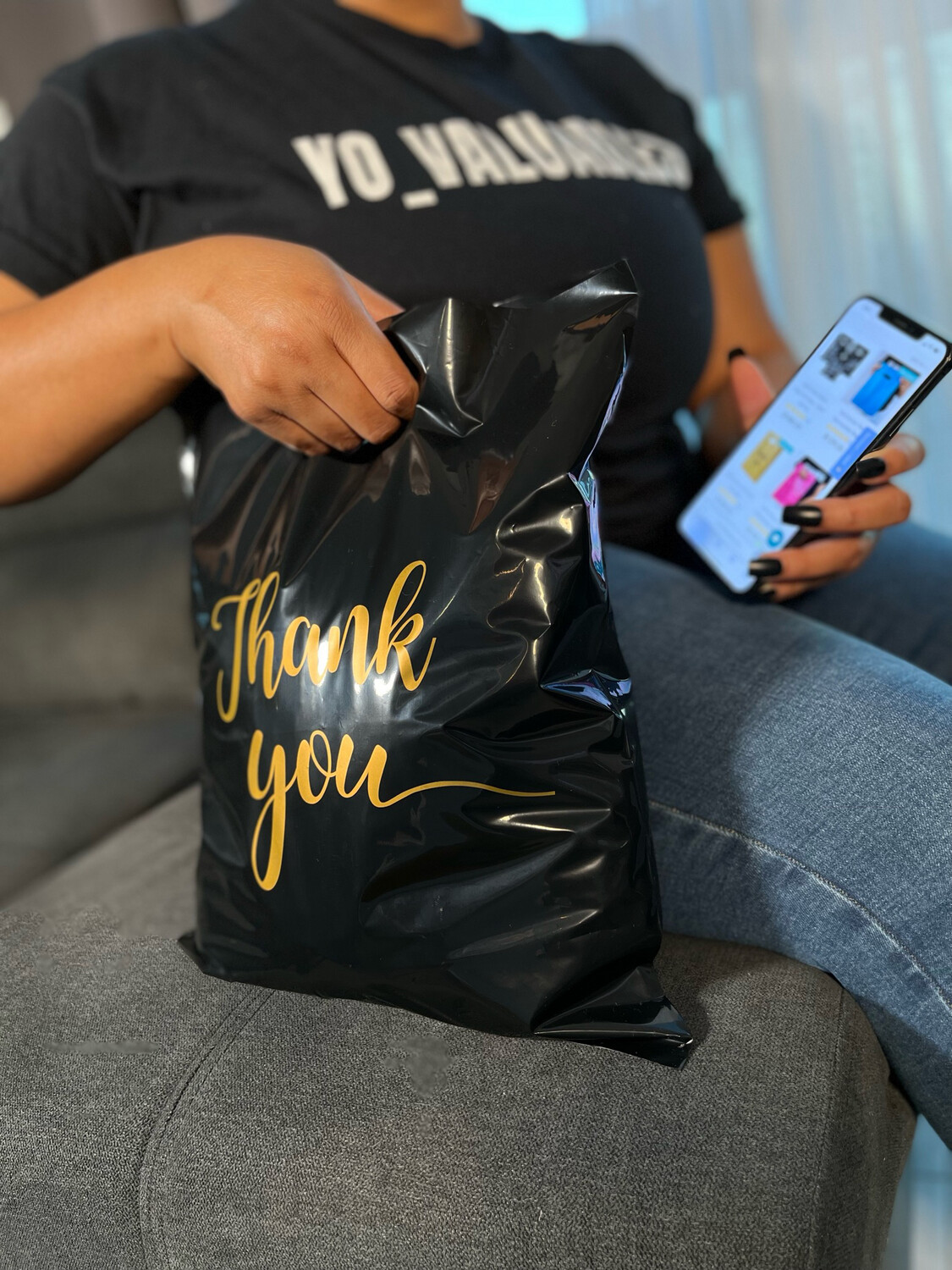 12x15” Black Thank You Bags (Gold Writing)