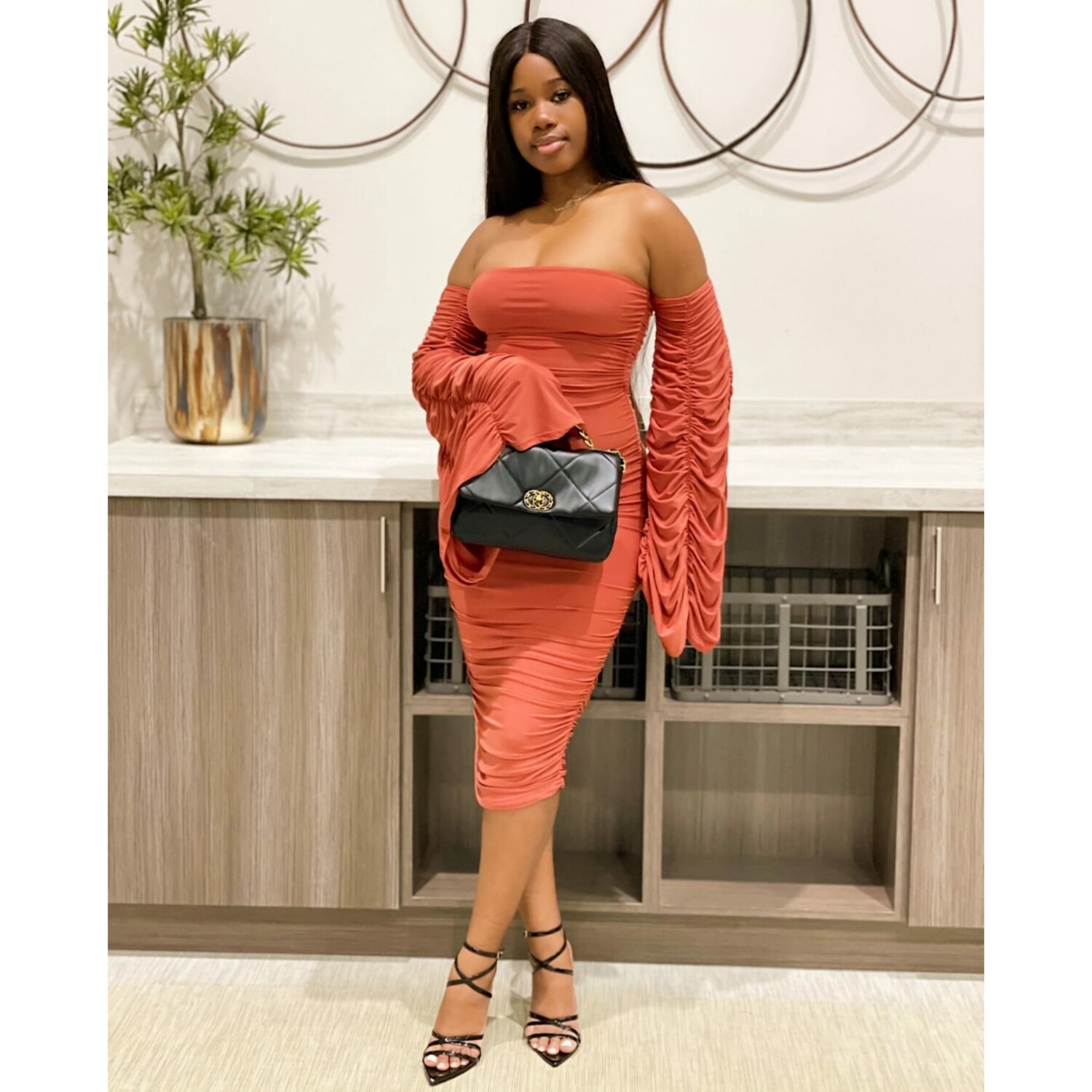 Off Shoulder With Wide Sleeve Body con Dress