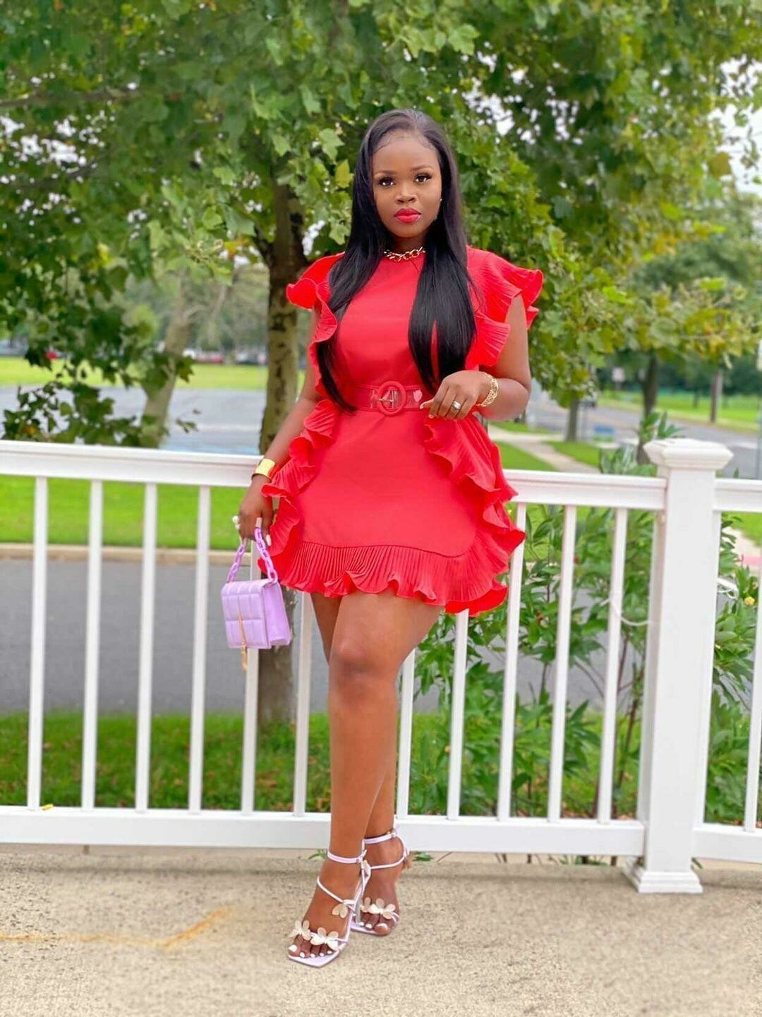 Coral Ruffle Dress With Belt