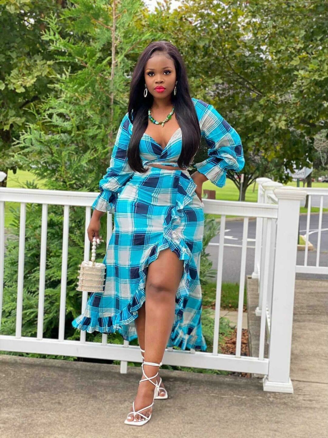 Turquoise Wrapped Top and Ruffle Skirt Set