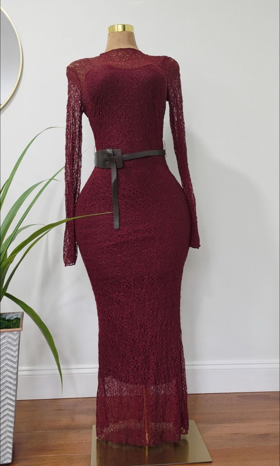 Wine Long Belted Dress