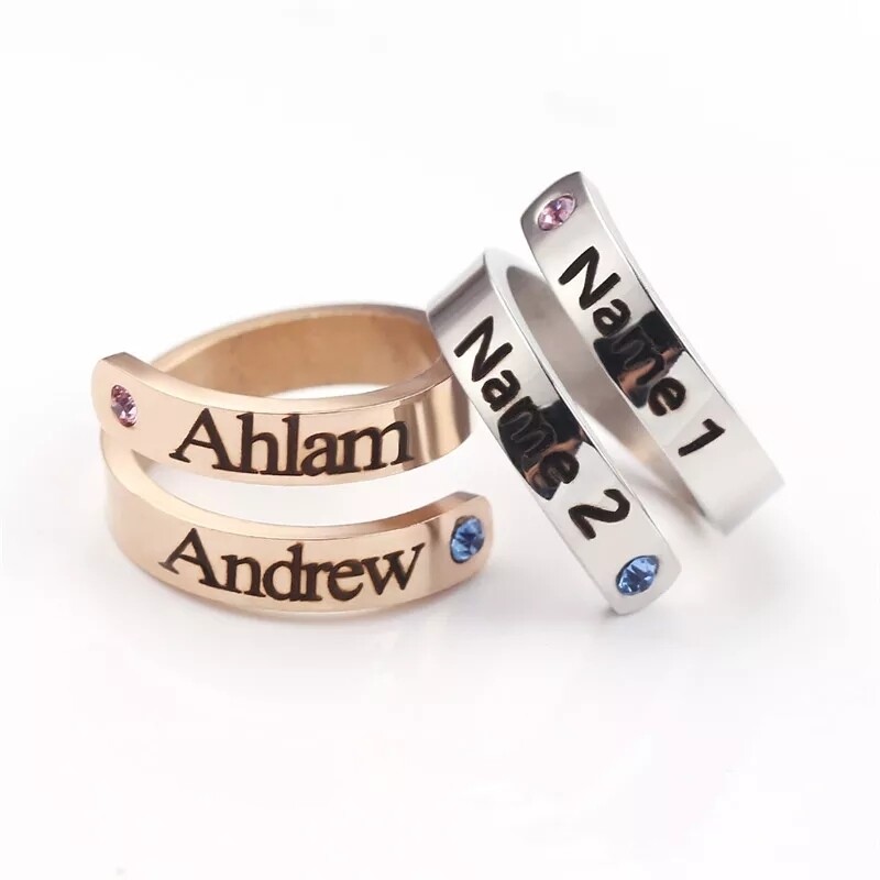BIRTHSTONE SPIRAL NAME RINGS