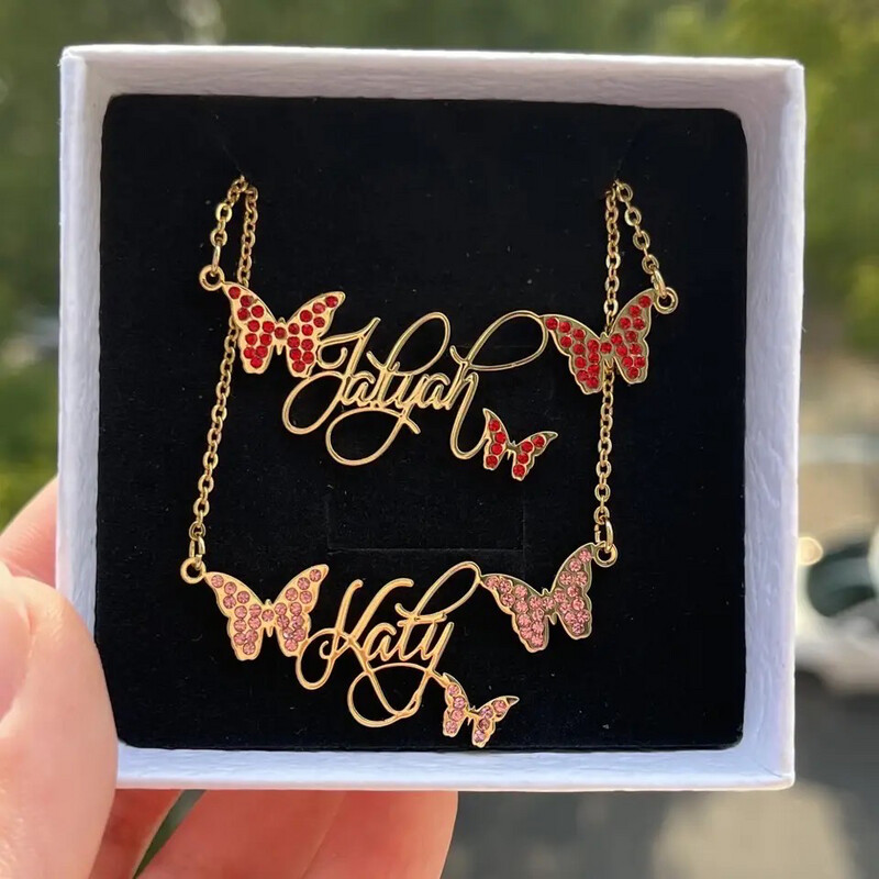 STUDDED BUTTERFLY BIRTHSTONE NAME NECKLACE