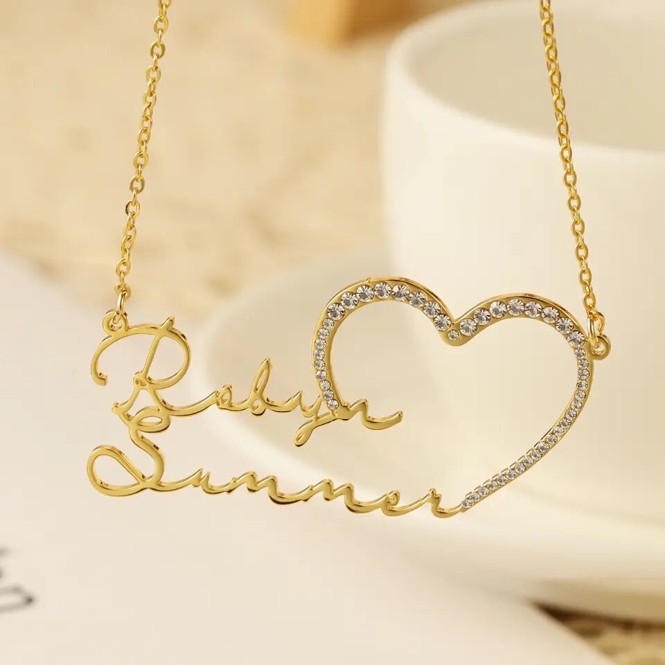 DOUBLE NAME ICED HEART NECKLACE
