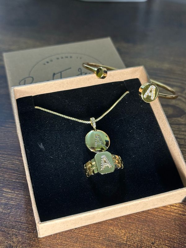 INITIAL NECKLACE, BRACELET + RING SET