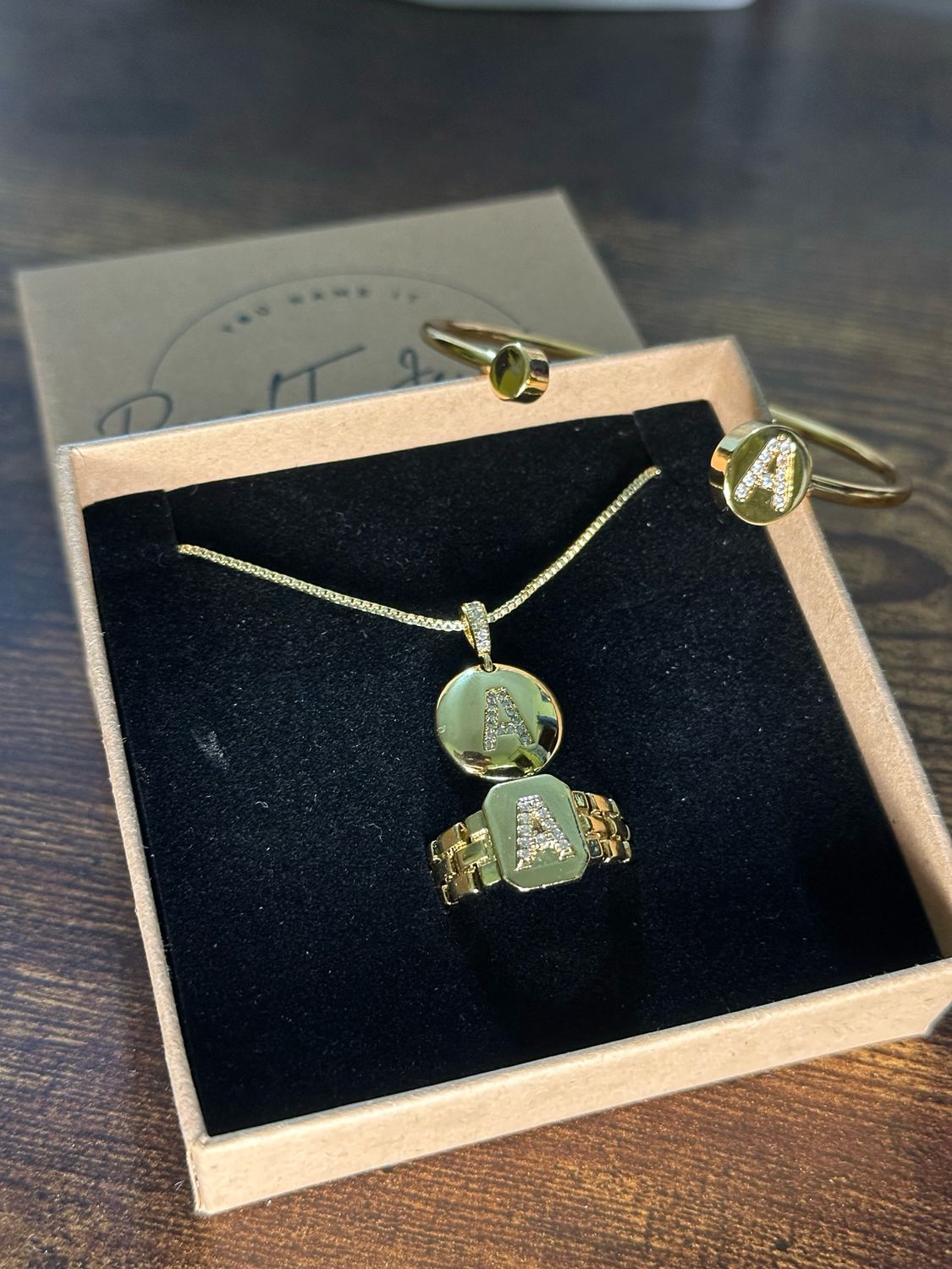 INITIAL NECKLACE, BRACELET + RING SET