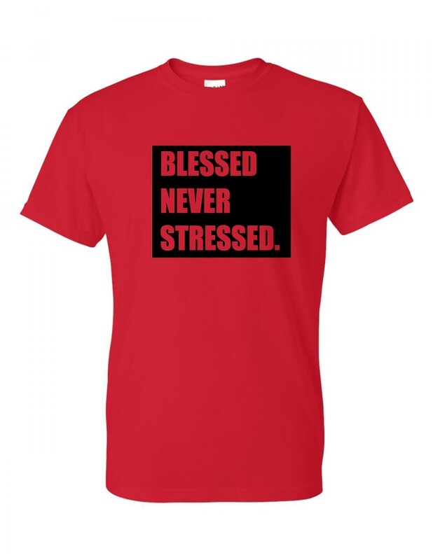 &#39;Blessed Never Stressed&#39; Box Tee- Red/Black